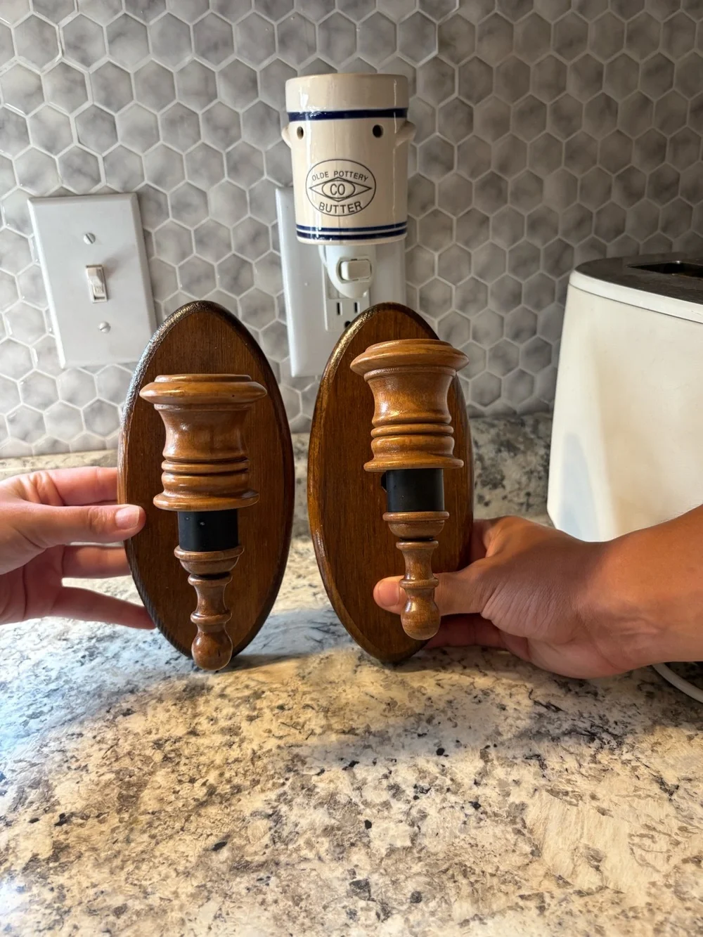Set of two vintage wall sconces - wood and metal